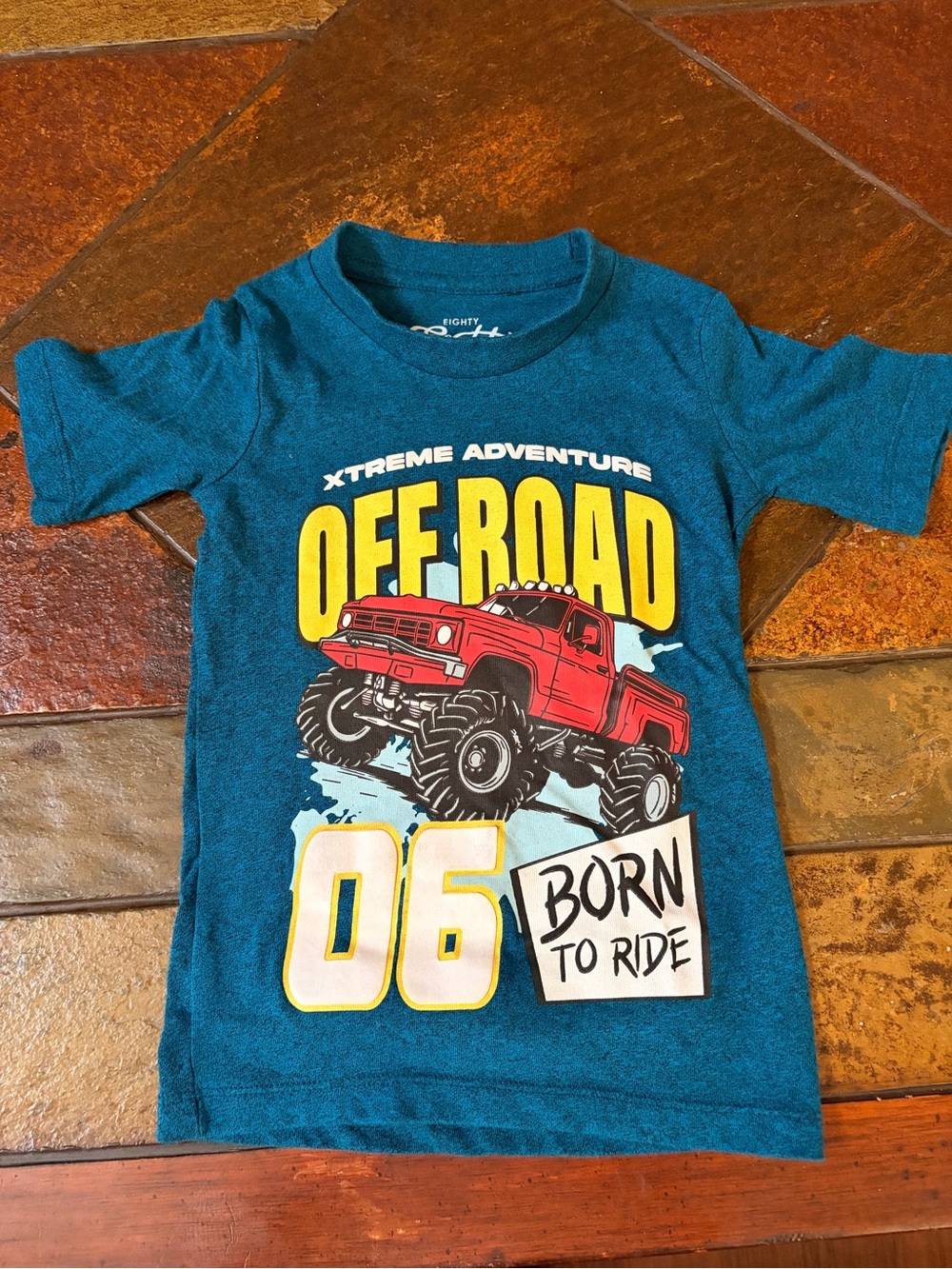 Eighty Eight Teal Kids Off Road Monster Truck Tee with Red Truck Graphic